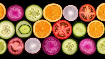 Vibrant Cross Section of Fresh Fruits and Vegetables Colorful Citrus Slices Radishes Cucumbers and Tomatoes photo