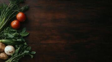 Fresh Organic Vegetables on Dark Wooden Background Healthy Food Cooking Ingredients photo