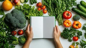 Healthy Eating Plan Woman's Hands Holding Open Cookbook Surrounded by Fresh Vegetables and Fruits photo