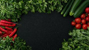 Fresh vibrant vegetables border on black background perfect for recipe design or healthy food promotion photo