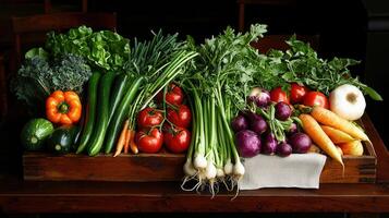 Fresh Organic Vegetables Harvest in Wooden Crate Farmers Market Produce photo