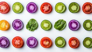 Vibrant Colorful Slices of Fresh Vegetables and Spinach Arranged on White Background for Healthy Eating Concept photo
