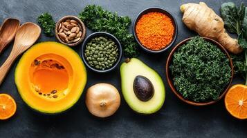 Healthy Vegan Food Ingredients Pumpkin Avocado Lentils Kale and Seeds for a Delicious and Nutritious Meal photo