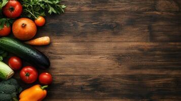 Fresh Organic Vegetables Arranged on Rustic Wooden Background Perfect for Healthy Food Recipes and Cooking Blogs photo
