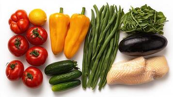 Fresh Vegetables and Fish for Healthy Cooking Ingredients Tomatoes Peppers and Green Beans photo