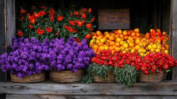 Vibrant Flowers and Fresh Produce in Rustic Wooden Baskets at a Farmers Market photo