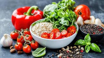 Healthy Eating Bowl Quinoa Cherry Tomatoes Arugula and Red Bell Pepper photo