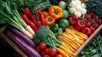 Fresh Organic Vegetables Harvest in Wooden Crate Abundant Colorful Farm Produce Healthy Eating photo