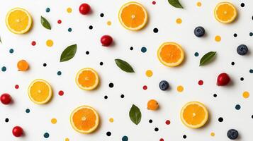 Vibrant Citrus Fruit Slices Pattern with Berries and Leaves on White Background photo