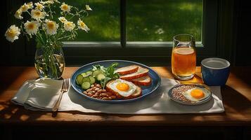 Healthy Sunny Side Up Eggs Breakfast with Bread and Salad Enjoy a nutritious morning meal photo