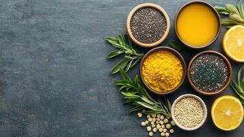 Healthy Superfoods Chia Seeds Turmeric Quinoa and Orange Juice Arranged on Dark Background photo