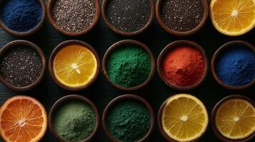 Vibrant Superfoods and Citrus Slices Arranged in Wooden Bowls Healthy Eating Concept photo