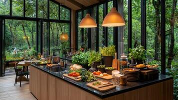 Modern Kitchen with Forest View Fresh Vegetables and Herbs Prepared on Island Countertop photo