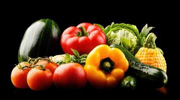 Fresh Vibrant Vegetables Assortment Tomatoes Peppers Zucchini Corn and Cabbage Healthy Eating Concept photo