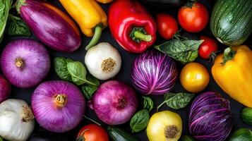 Vibrant Colorful Vegetables Background Fresh Red Onions Purple Cabbage Bell Peppers and Eggplants photo