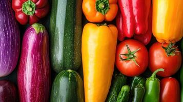 Vibrant Colorful Assortment of Fresh Vegetables Peppers Tomatoes Zucchini and Eggplants photo