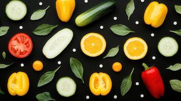 Healthy Food Flat Lay Vibrant Vegetables and Citrus Fruits Arranged on Black Background photo