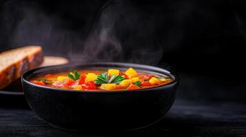 Delicious Steaming Vegetable Soup in a Black Bowl with Bread A perfect hearty meal photo