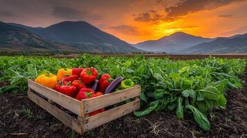 Vibrant Sunset over a Farm Field with Freshly Harvested Bell Peppers in a Wooden Crate photo