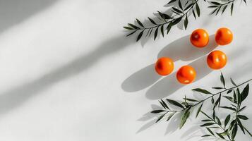 Fresh Orange Tomatoes and Green Branches on White Background in Sunlight A Vibrant Summer Food Concept photo