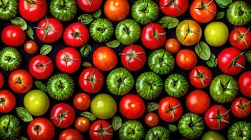 A vibrant collection of red and green tomatoes freshly picked and arranged for a visually appealing display photo