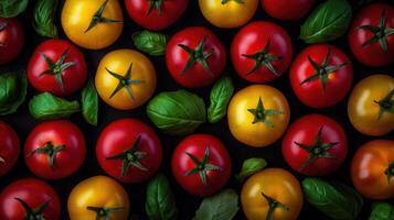 Vibrant Red and Yellow Tomatoes with Fresh Basil Leaves A Flat Lay Food Image Perfect for Recipes or Culinary Blogs photo