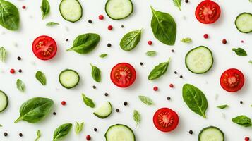 Fresh Cucumber Tomato Basil Salad Ingredients Flatlay Pattern Background photo