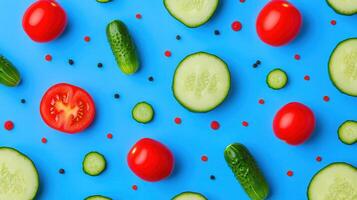 Vibrant Flat Lay of Fresh Tomatoes and Cucumbers on Blue Background Healthy Food for Recipes and Diet Plans photo