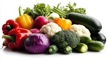 Fresh Colorful Vegetables Assortment Radishes Bell Peppers Broccoli Cauliflower and More photo