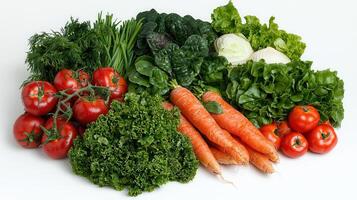 Fresh Organic Vegetables Assortment Carrots Tomatoes Lettuce and Herbs for Healthy Eating photo