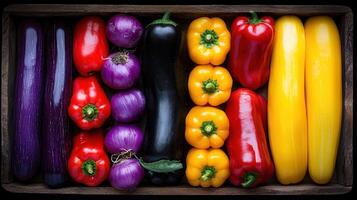 Colorful Organic Vegetables in Wooden Crate Eggplant Peppers Onions and Zucchini Harvest photo
