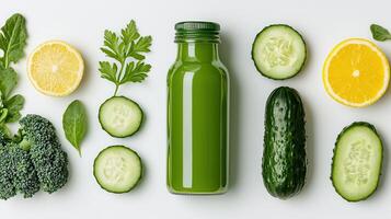 Refreshing Green Detox Juice Bottle with Sliced Cucumbers Lemons and Broccoli photo