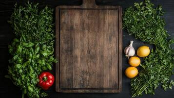 Fresh Herbs Lemon Garlic and Red Bell Pepper Arranged Around Rustic Wooden Cutting Board photo