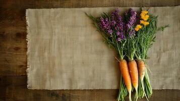Fresh Carrots and Wildflowers on Rustic Burlap Placemat A Vibrant Still Life of Organic Produce photo