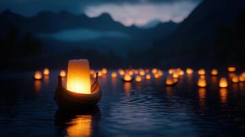 Illuminated Boats Floating on Calm Water at Dusk Serene Night Scene with Candles photo
