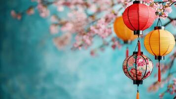 Festive Asian Lanterns Hanging on Blooming Cherry Blossom Branches against a Teal Background photo