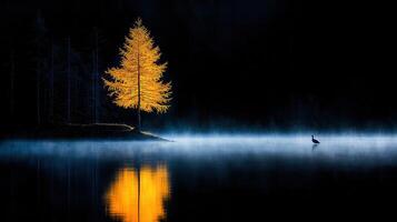 Serene Golden Larch Tree on Misty Lake at Dawn with Solitary Bird photo