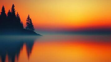 Serene Sunset over Calm Lake with Silhouetted Pine Trees Peaceful Nature Scene photo