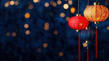 Festive Asian Paper Lanterns Hanging Against a Dark Blue Bokeh Background photo