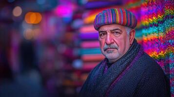 Mature Man in Colorful Knitted Hat Stands in Vibrant Fabric Market photo