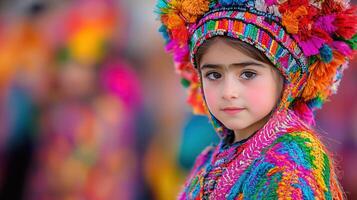 Adorable Girl in Vibrant Traditional Clothing Posing for a Portrait photo