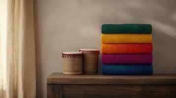 Stacked Colorful Fabric Bolts on Wooden Tabletop near Curtains Vibrant Rainbow Hues Textiles photo