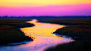 Serene Sunset Landscape Colorful Creek at Dusk with Vibrant Sky Reflection photo