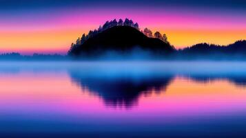 Serene Sunset over Misty Lake with Silhouette of Island and Trees A picturesque landscape photograph photo
