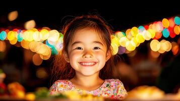 Happy Asian Girl's Smiling Face at Night Market with Bright Festive Lights photo