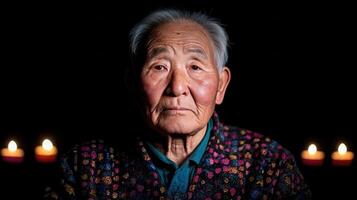 Elderly Asian Man's Portrait Against Dark Background with Candles A thoughtful and serene image photo