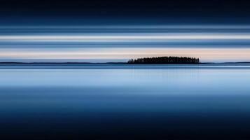 Serene Landscape Long Exposure Photo of a Tranquil Lake with Island and Trees at Dawn