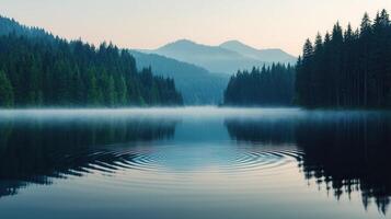 Serene mountain lake at dawn with misty fog and tranquil water ripples reflecting the surrounding evergreen forest photo