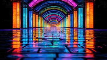 Vibrant Colorful Archway Tunnel Night Scene with Reflective Wet Pavement photo