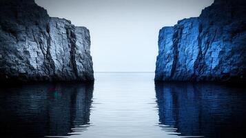 Serene Ocean Scene Two Majestic Cliffs Frame Calm Water Creating a Breathtaking Coastal View photo